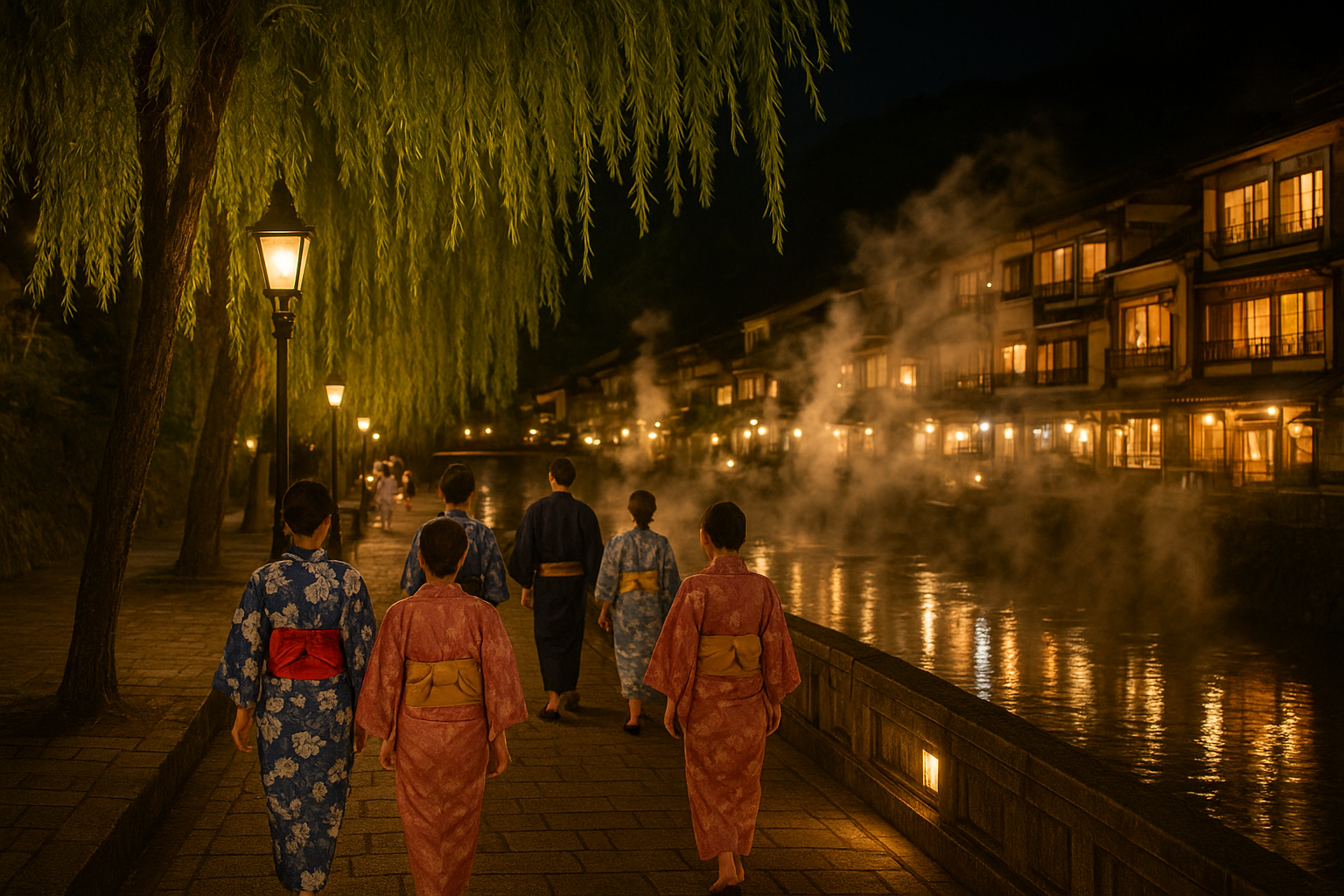 夜の柳並木に灯りがともり、浴衣姿の人々が行き交う川沿いの温泉街の風景