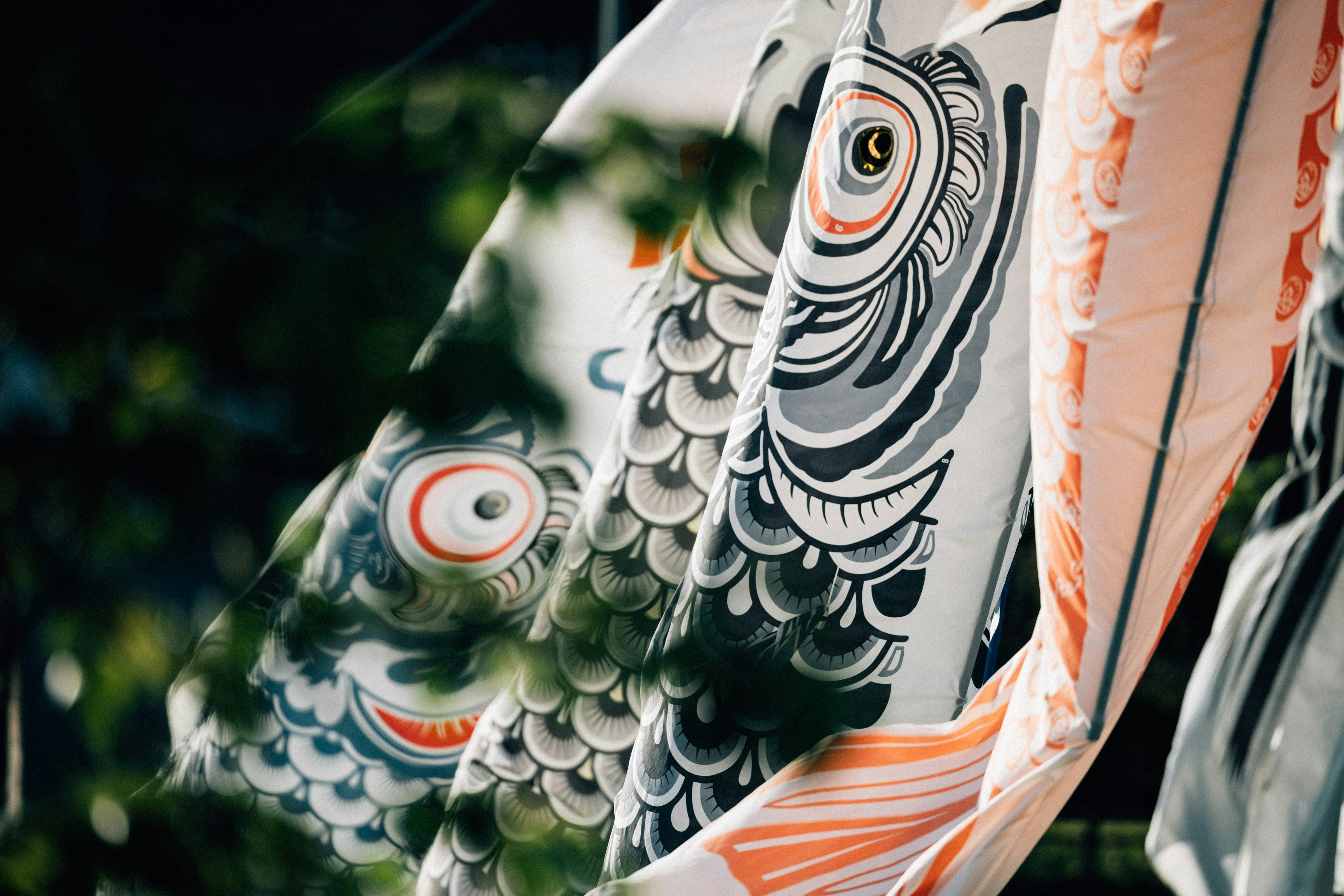 川沿いに並ぶ無数の鯉のぼりと、蒸し場で湯気を上げるせいろのある温泉街の昼の風景